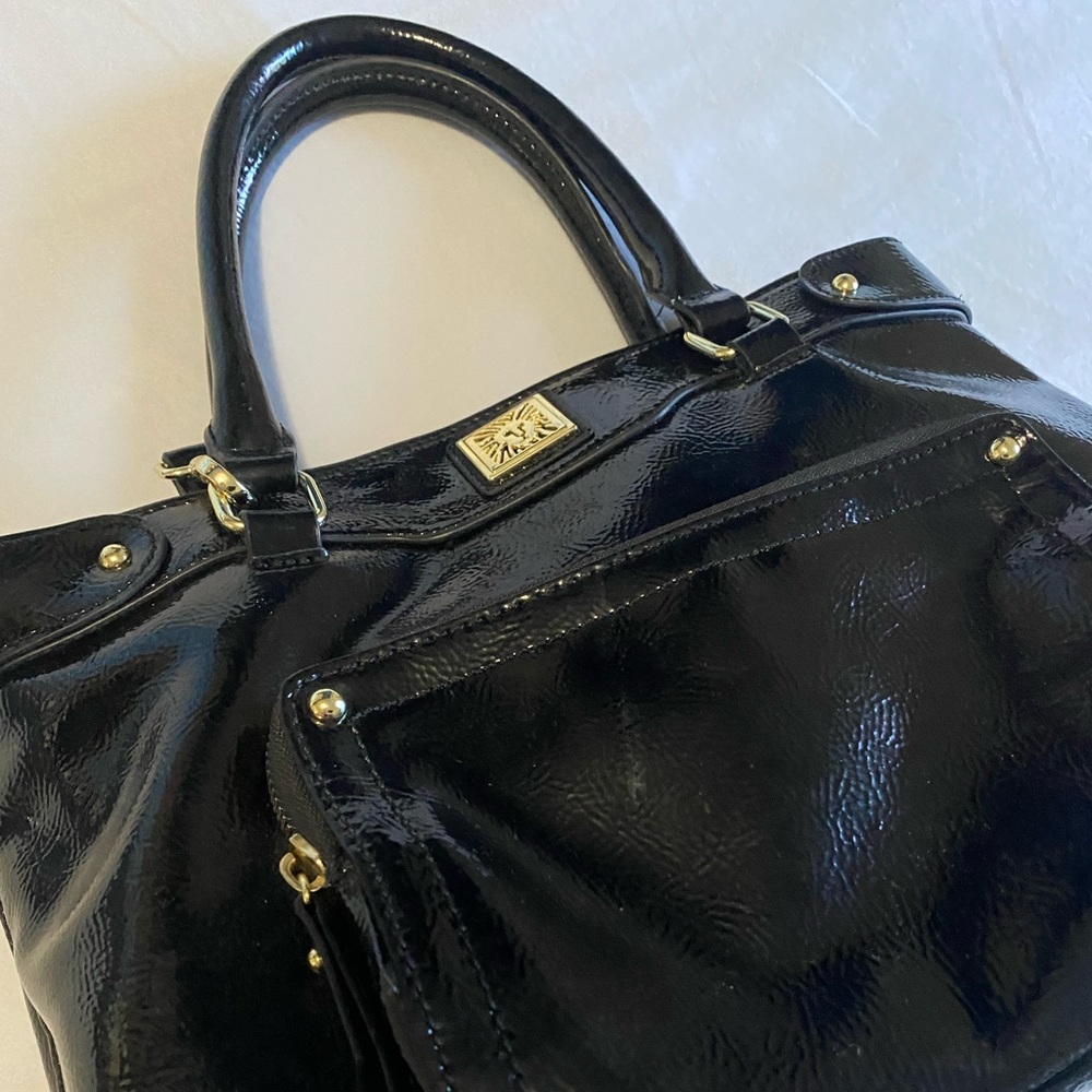 Black Pleather and Gold Detail Purse - Anne Klein